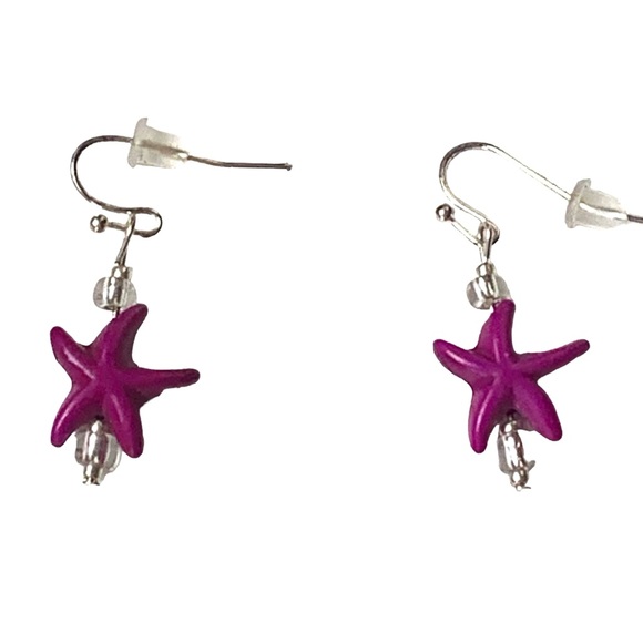 NEW Purple Clear Bead Silver Starfish Dangle Pierced Woman’s Earrings Jewelry - Picture 3 of 4
